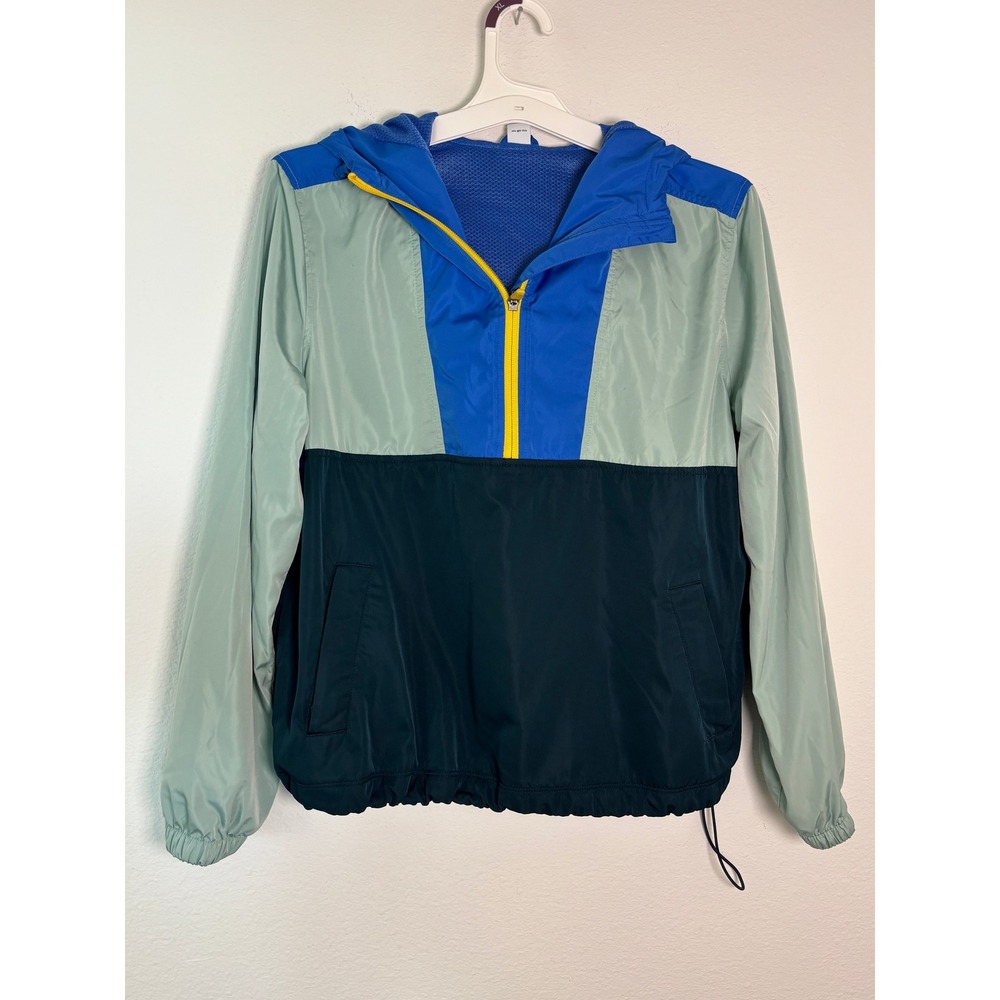 Old Navy Active Mens Small Colorblock Windbreaker Quarter Zip Hooded Jacket Blue